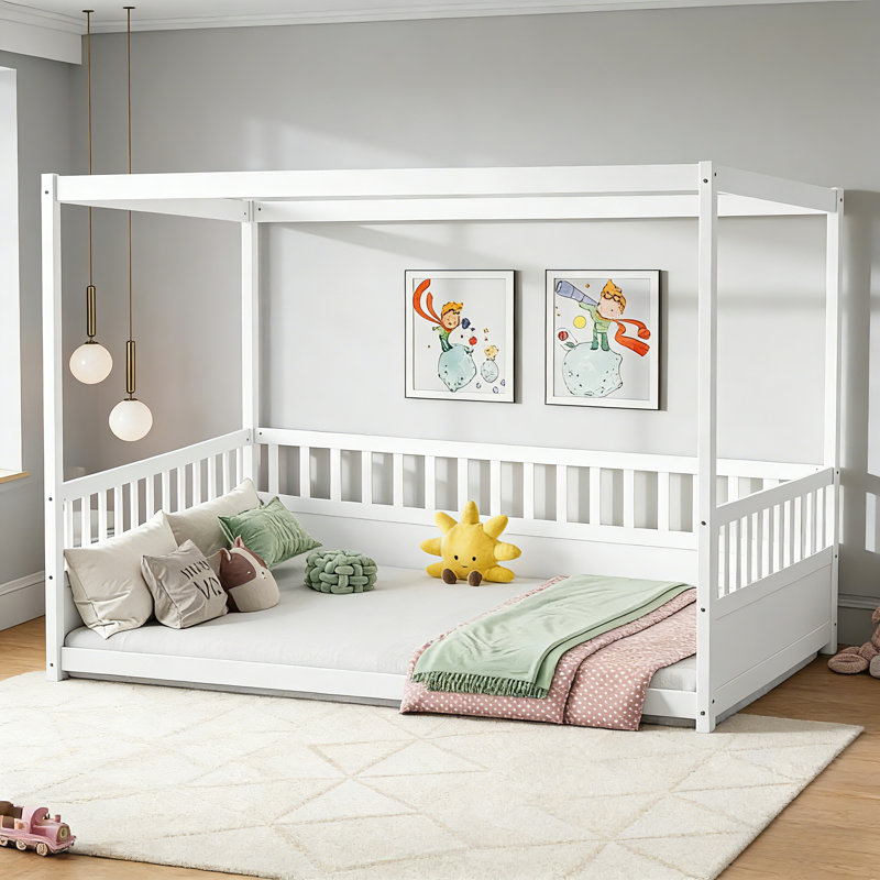Full Size Canopy Bed Frame With Four Poster,montessori Wood Floor Bed Full With Fence For Girls,boys,white