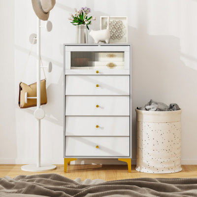 Armoire de rangement moderne à 4 tiroirs avec porte en verre cannelée rabattable