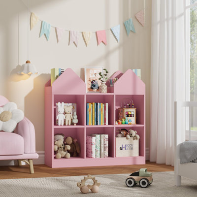 35.4" Kids Bookshelf with House Design, 3-Column 2-Tier Open Storage Shelf for Playroom, Floor Standing Toy Organizer for Bedroom & Nursery, Pink