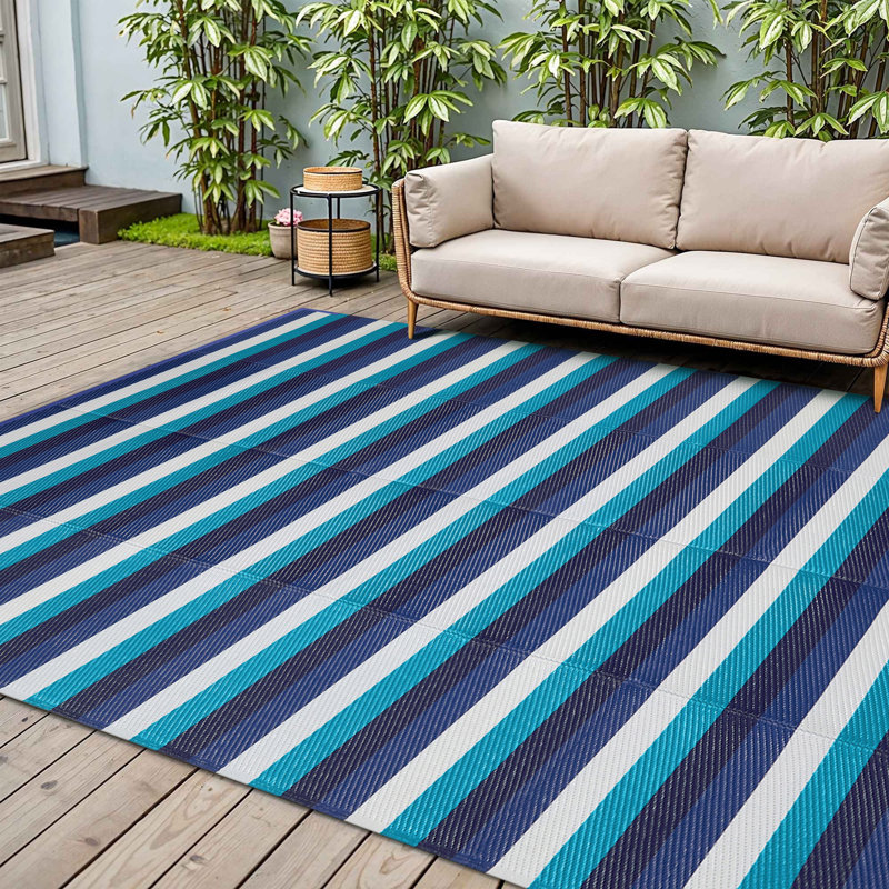 Tapis extérieur rayé bleu / blanc, Rectangle de 5 pi x 8 pi, Bleu/Blanc