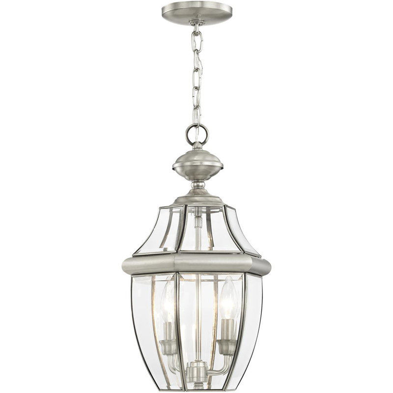2 Light Outdoor Chain Lantern Pendant with Clear Glass Shade, Brushed Nickel