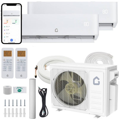 20000 BTU Dual Zone WIFI Mini Split AC/Heating System, 20 SEER2 2 Zone 12000+12000 BTU Ductless Split Air Conditioner with Pre-Charged Condenser, Include Copper Tube Line Set, 208-230V