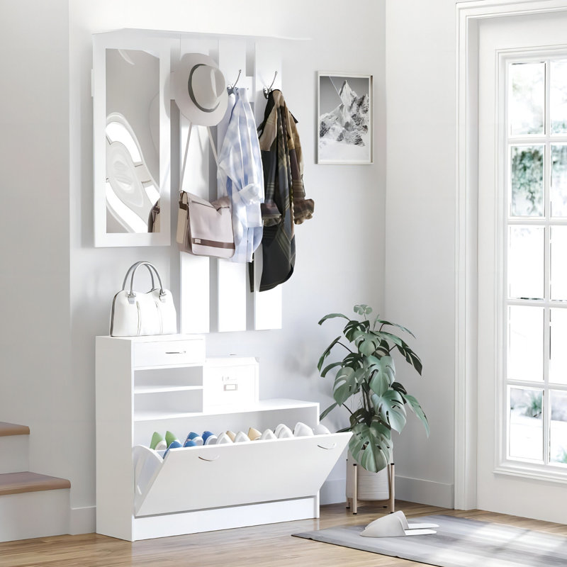 Modern Cabinet With Shoe Cabinet, Hang Shelf, Mirror And Abundant Storage Room Primary Living Area Space
