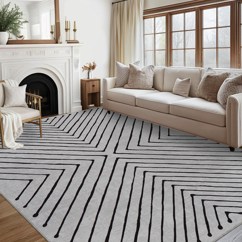 Geometric Machine Washable Rug Abstract Non Slip Living Room Rug Low Pile Thin Rug, Contemporary Neutral Rug, Non Shedding Soft Rug for Bedroom