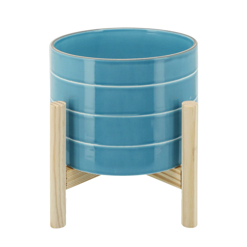 Pot à fleurs en céramique polyvalent avec support en bois pour toutes les plantes et espaces