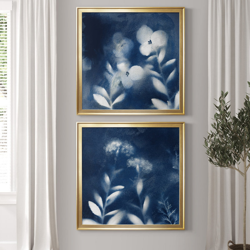«Nature's Indigo I», ensemble de 2 reproductions d'art encadrées, H 30,5 po x l 61 po x P 1,5 po, Toile encadrée d'or