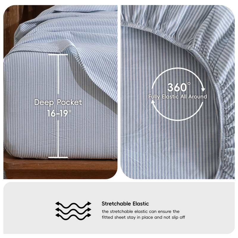 MooMee Striped Sheet Set 100% Washed Cotton Linen Like Textured Breathable Lightweight, King Sheet Set with 2 Pillowcases