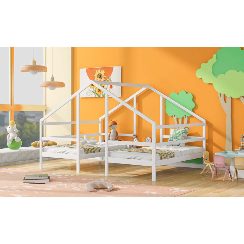 Double Triangular House Beds With Built-In Table, White