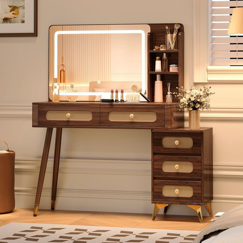 47''Vintage Makeup Vanity With Mirror And Lights, Makeup Vanity Desk With 5 Drawers And Storage Shelf, Rattan Drawer Design, 3 Color Modes And Adjustable Brightness Dressing Table,Dark Walnut