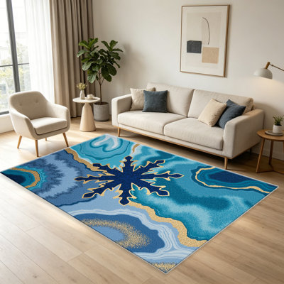 Tapis de flocon de neige bleu agate pour le salon, doux et confortable, adapté à toutes les saisons, facile à entretenir, tapis de sol intérieur lavable à la machine, sous la table de ferme convenant à la chambre à coucher, à la salle à manger, au bureau, au balcon, au patio de décoration intérieure