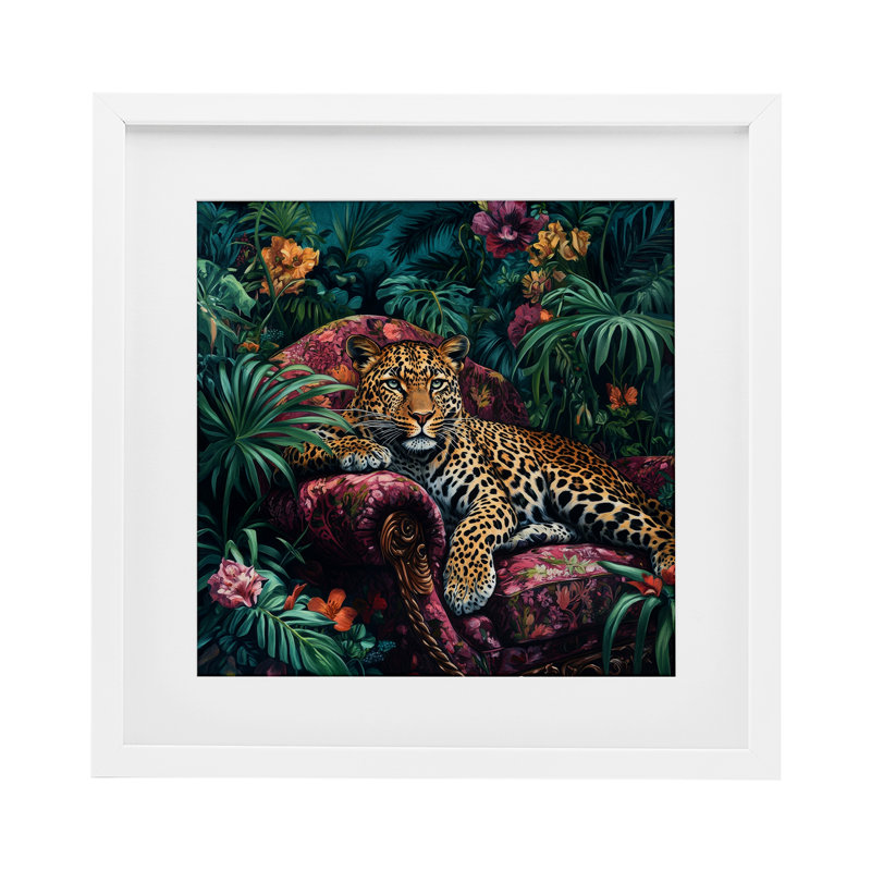 Leopard à la mode dans la jungle, reproduction encadrée sous verre, design par Petal Prints Design, H 13 po x l 13 po
