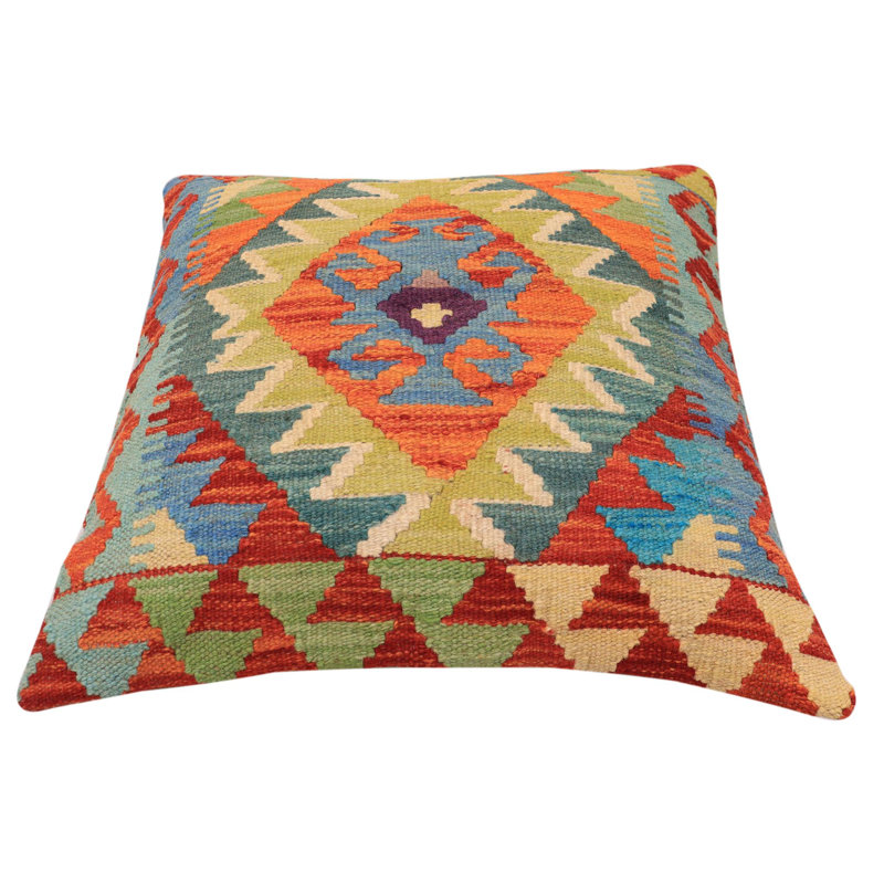 Coussin rustique en kilim tissé à la main rustique Banniste, Bleu / orange / vert, H 19 po x l 19 po