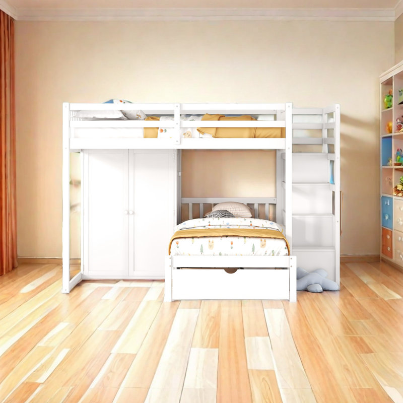 Lit superposé double au-dessus de simple avec garde-robe et tiroirs, Blanc