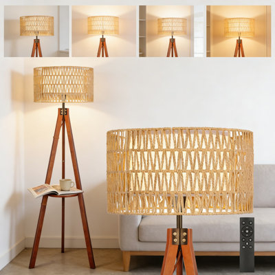 Lampe trépied moderne avec tablettes, lampe sur pied à télécommande à intensité variable pour le salon, la chambre à coucher et le bureau, avec abat-jour en lin et ampoule