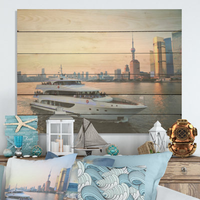 Yacht In Shanghai Bay - Boat Wood Wall Art On Natural Pine Wood