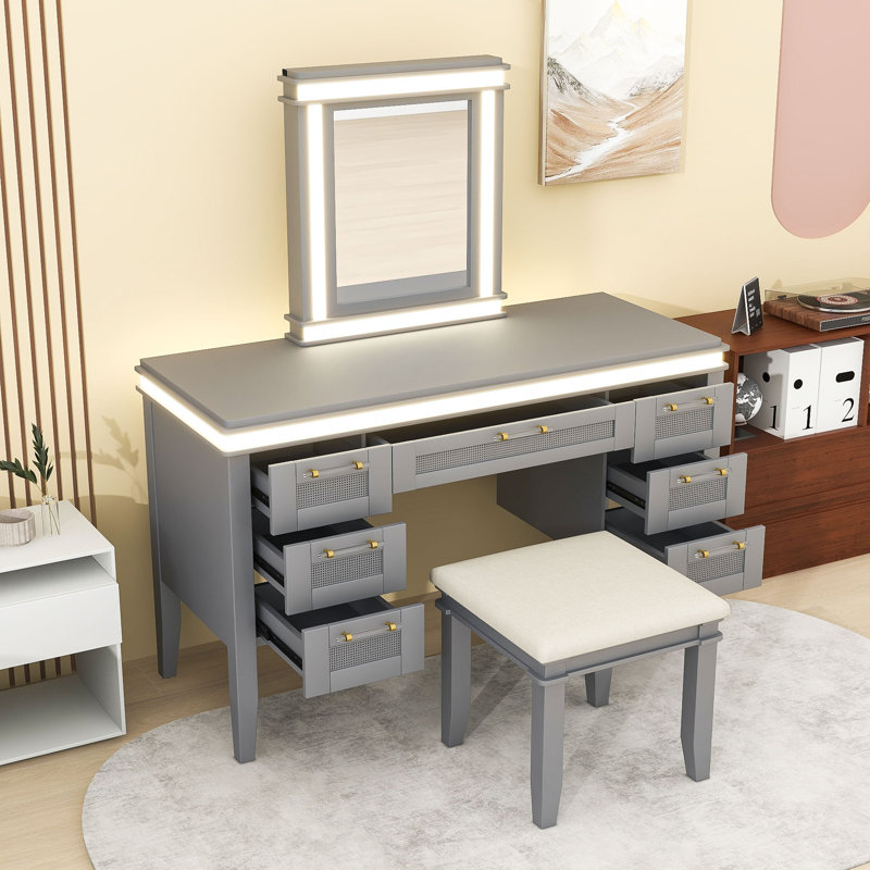Coiffeuse de maquillage avec 7 tiroirs de rangement, miroir DEL et tabouret rembourré, Bleu gris