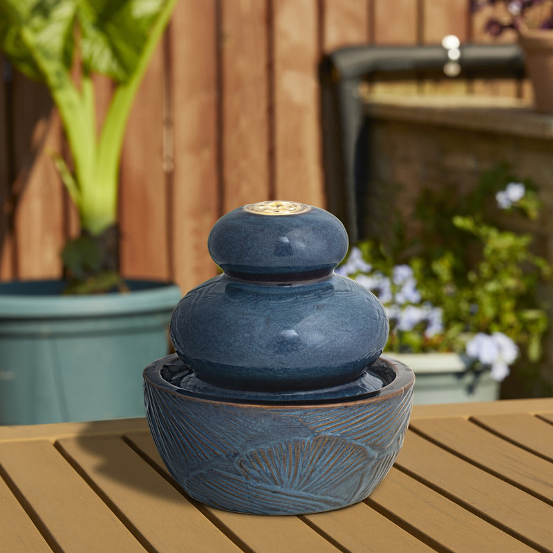 Fontaines d'extérieur avec lumières à DEL - 8,75 po d'eau turquoise en céramique texturée pour la maison et le jardin