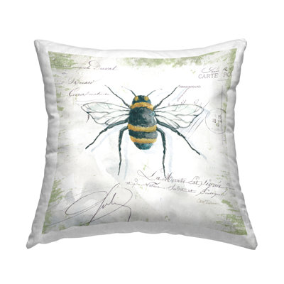 Quaint Honey Bee Insect Over Vintage Postal Card Decorative Printed Throw Pillow By Carol Robinson