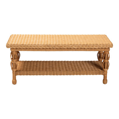 Bali & Pari Dolby Natural Rattan Coffee Table - Handwoven Wicker Accent Table With Lower Shelf, Coastal Boho Style Living Room Centerpiece