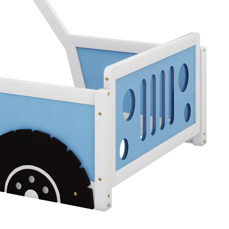 Lit plateforme simple en forme de voiture avec roues, Bleu