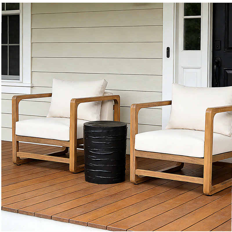 Set of 2 Acacia Wood Lounge Chairs with Cushions & Lightweight Concrete Side Table – Black