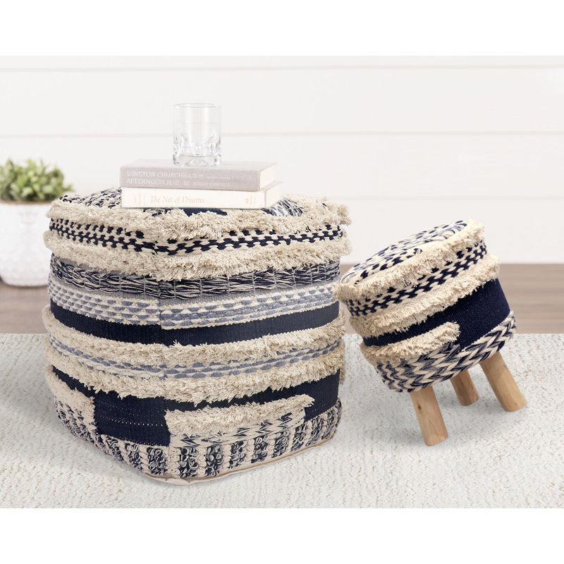 Navy and Beige Handwoven Cotton Shaggy Pouf