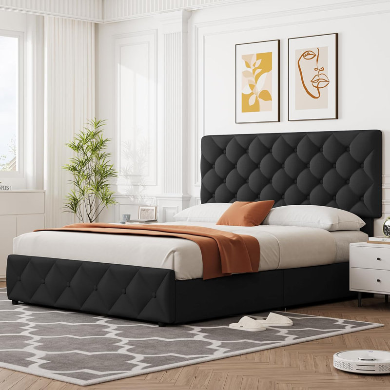 Bed Frame With Adjustable Headboard And 4 Storage Drawers, Linen Upholstered Platform Bed Frame, Black, Queen