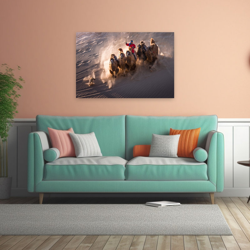 Désert de chameaux chargeant un paysage contemporain abstrait, art mural, 32" H x 48" W