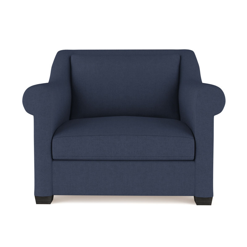 Chaise avec accoudoirs roulés Thompson, H 32 po x l 43 po x P 46 po, Lin à tissage carré imprimé bleu, Ébène