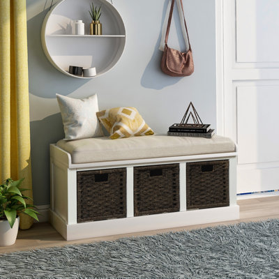  Banc de rangement rustique avec 3 paniers en rotin amovibles et coussin pour l'entrée ou le salon