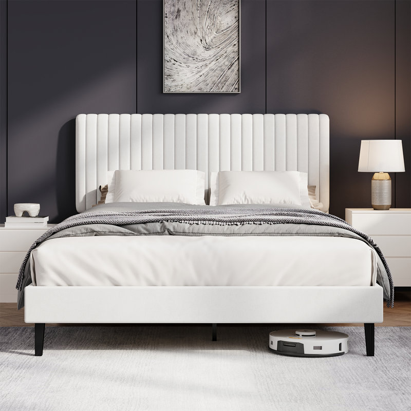 Upholstered Velvet Bed, 135x190, White