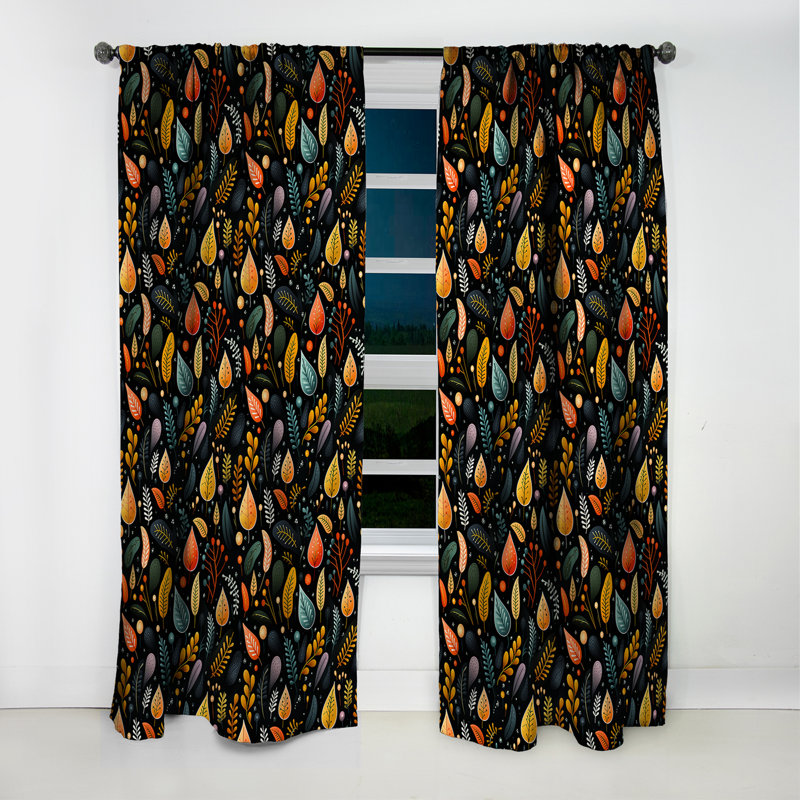 Motif de feuilles multicolores botaniques sur fond noir - Rideau occultant - 1 panneau, L 52 po x L 90 po
