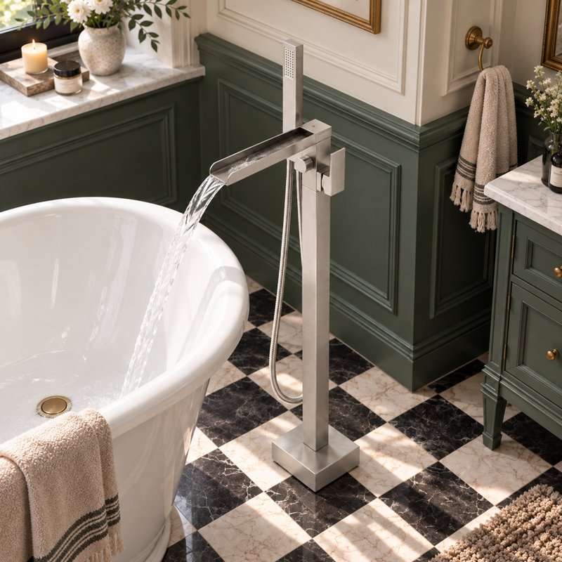 Robinet de baignoire sur pied VIBRANTBATH avec douchette intégrée et effet cascade, fini nickel brossé, poignée unique et douchette à main.