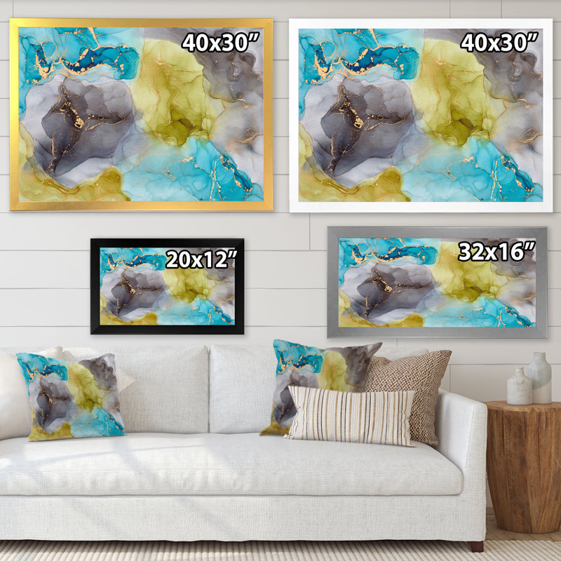 «Blue Luxury Abstract Fluid VII», peinture sur toile, H 12 po x l 20 po x P 1 po, Cadre noir