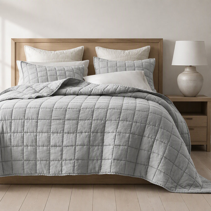 3-Piece Queen Linen Garment Washed Quilt Set,Gray, Gray