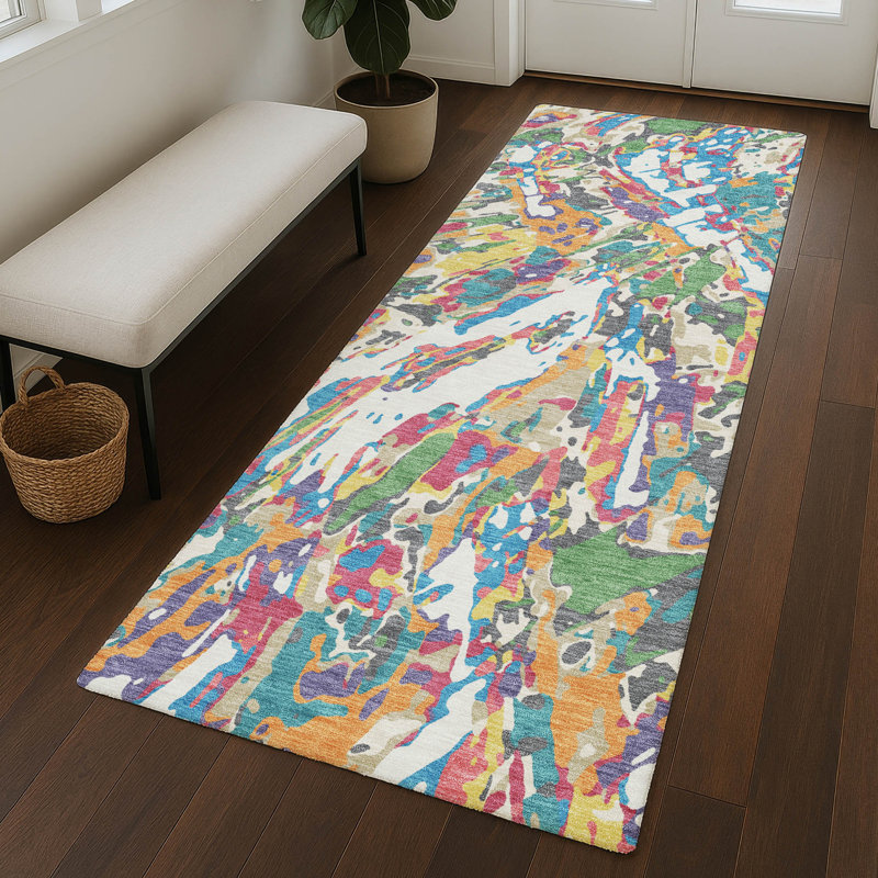 Machine Washable Indoor/Outdoor Chantille ACN2441 Abstract Rug, 2'3" x 7'6" Runner, Cream