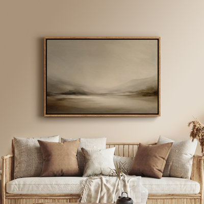Framed Canvas Wall Art - Minimal Misty Valley Landscape in Soft Beige and Gray Tones - 16"x24", 24"x36"