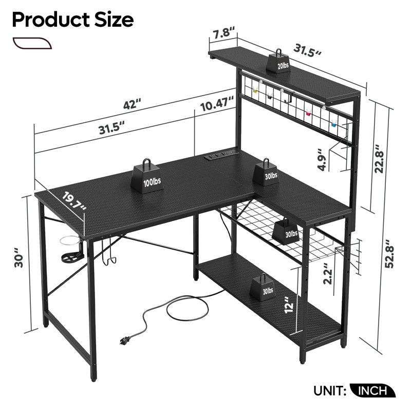 Bureau de jeu en forme de L de 42 po avec prise de courant, bureau d'ordinateur avec éclairage à DEL, tablettes réglables à 4 niveaux