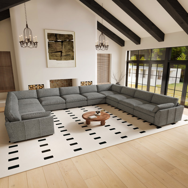Canapé 8 places en chenille imperméable en forme de U avec double assise d'angle, Light Gray Chenille