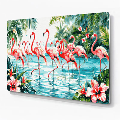 Art mural bleu hawaïen avec flamants roses