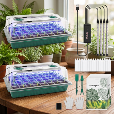 Seed Starter Tray with Grow Light, Humidity Dome, 2 Pack 80 Cells | Seedling Tray Kit with Vented Dome & Drainage Holes, Adjustable Brightness Plant Germination Trays, Indoor Plant Starter Kit