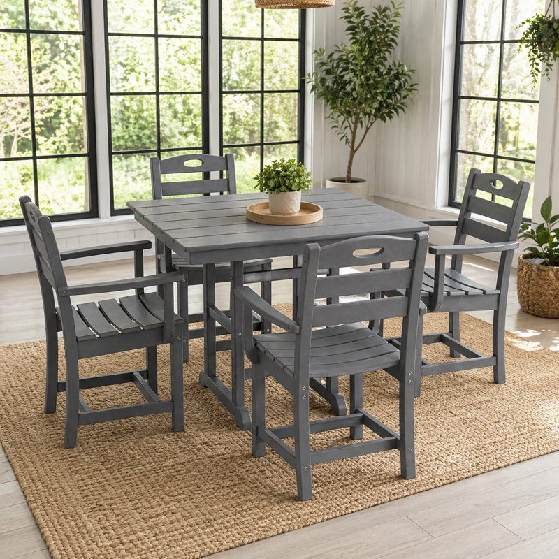 5-Piece Outdoor Patio HDPE Dining Set, Square Table With 4 Armchairs, Gray