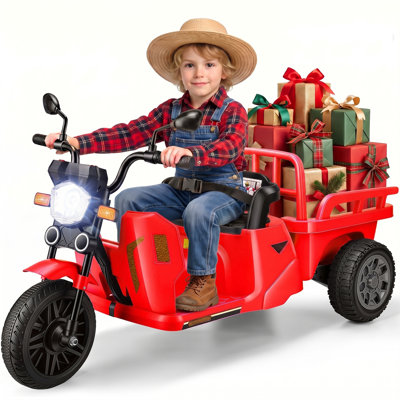 Alex 12V Electric three-wheeler truck, Ride on Motorcycle Car, Electric Farm Utility Vehicle for Kids Ages 3+, XL Trailer & Sand Shovel, 2X100W Power Wheels, High/Low Speeds, Music & Story, Outdoor Birthday Gifts 