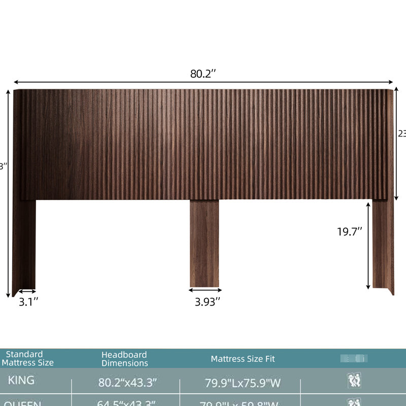 Très grande tête de lit à oreilles à panneau mural en bois de noyer cannelé de taille très grand 80,2 po avec apparence réelle et sculpture 3D contemporaine