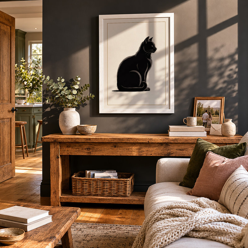 Silent Black Cat Minimalist - Framed Print, A3 - 42.0 x 29.7 cm, White