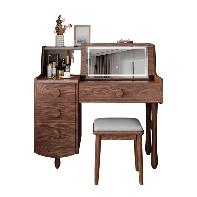Ensemble de coiffeuse Mid-Century en bois avec miroir à DEL rabattable et plusieurs tiroirs