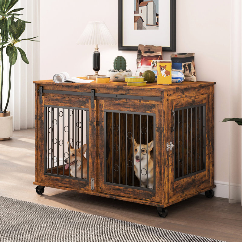 Cage à chiot rustique brun avec deux motifs, l 38,54 po x P 25,73 po. Séparateur réglable pour chiots en pleine croissance. Efficacité de l'espace de la porte d'entrée coulissante. Mouvement latéral latéral. Flip Flip Plate Fun And