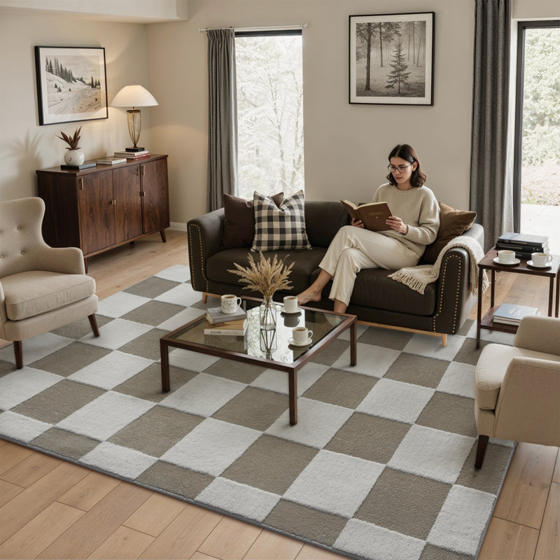 Tapis brun et blanc en jacquard damier avec envers antidérapant, Brun / Blanc, Rectangle 6 pi x 9 pi