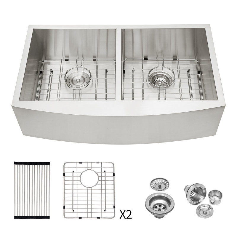 Double Bowl (50/50) Farmhouse Sink- 36" X 20" X 9"Stainless Steel Apron Front Kitchen Sink 16 Gauge With Two 9" Deep Basin