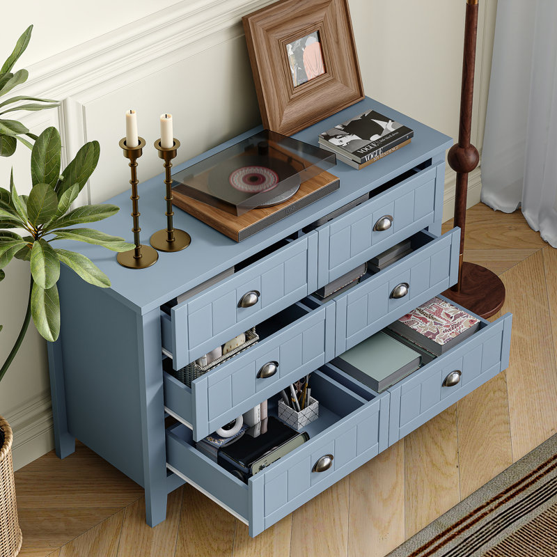 Kostka Modern 6-Double Drawer Storage Dresser with Silver shell Metal Handles, Available in Blue, Blue